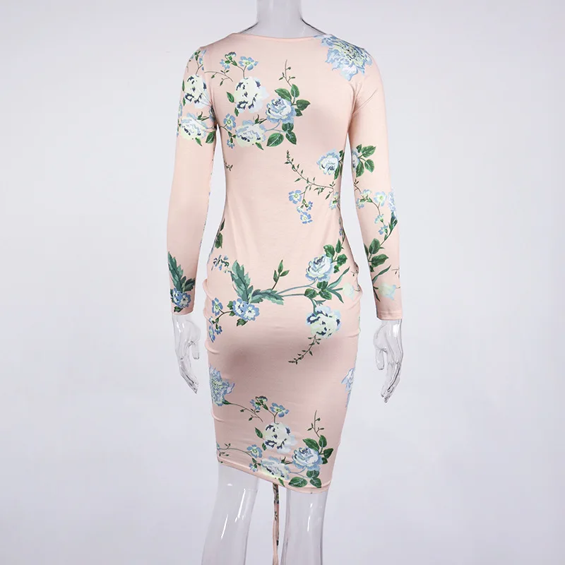 

Long Sleeve Deep V-neck Floral Printted Elegant Fashion Ladies Midi Bodycon Dress 2021 Summer Drawstring Sexy Garden Wrap Dress