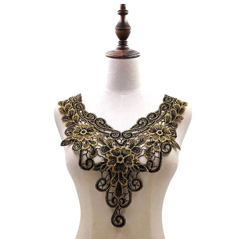 

1Pc 3D Embroidered Fabric Black Gold Flower Venise Lace Sewing Applique Lace Collar Neckline Collar Applique Accessories