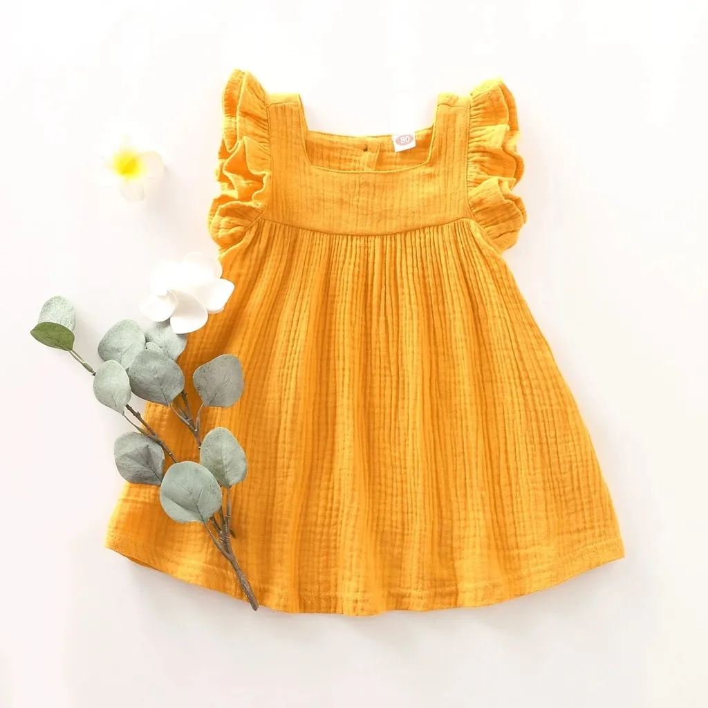 Summer children flying sleeves ruffled solid color cotton and linen dress pure yellow cute fashion breathable платье летнее S4 |