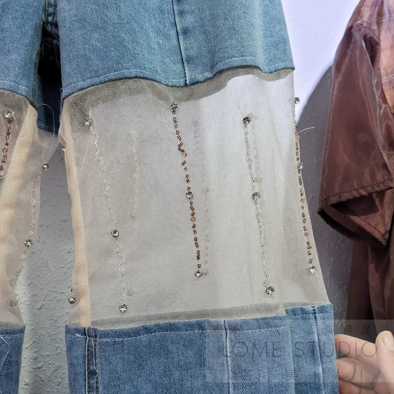 

Rhinestone Stitching High Waist Wide Leg Jeans Women's 2021 Summer Trousers Thin Split Straight Loose Female Long Denim Pants