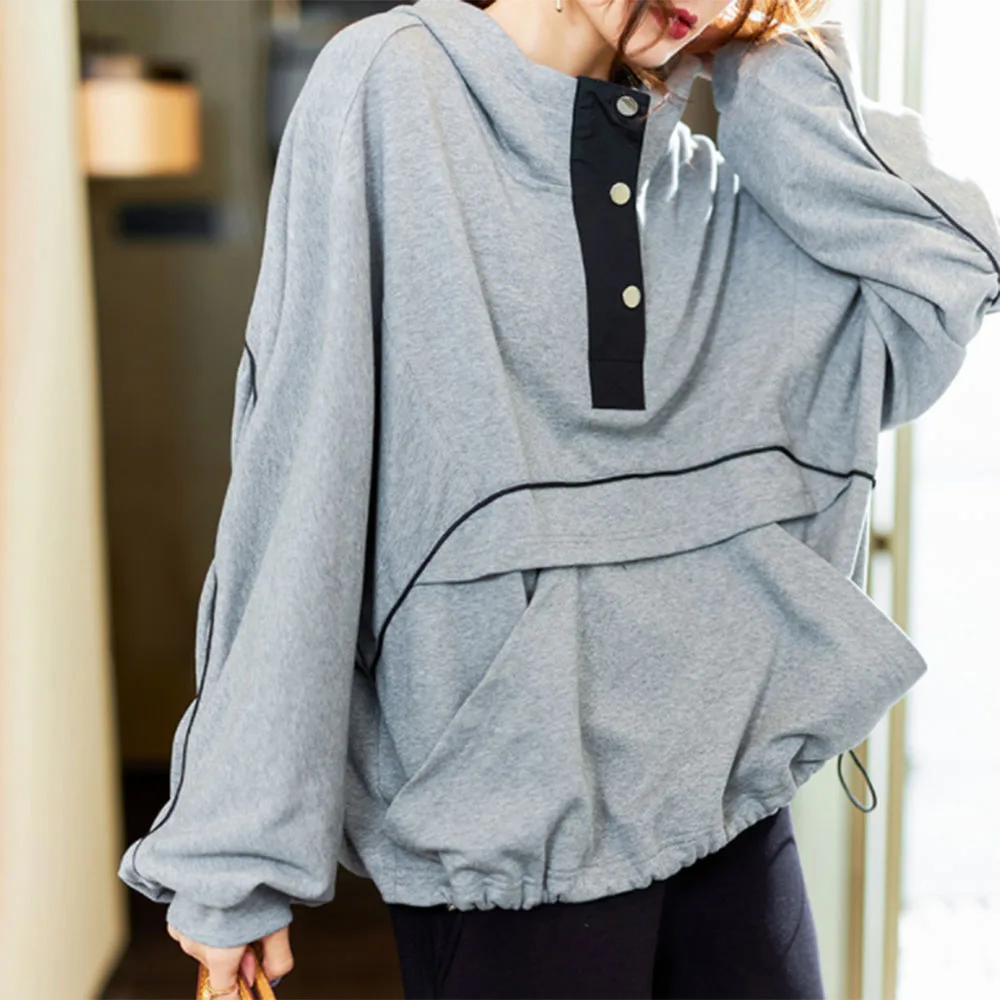 

Hoodie 2021 New Women Solid Color Hooded Long Sleeve Pocket Grey Autumn Pullover Korean Fashion Loose Casual Simplicity