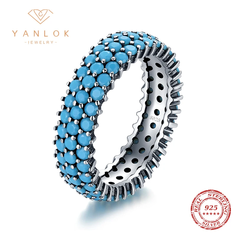 

YANLOK Genuine 925 Sterling Silver National Style Finger Rings For Women Luxury Natural Turquoise Fine Jewelry Anniversary Gift