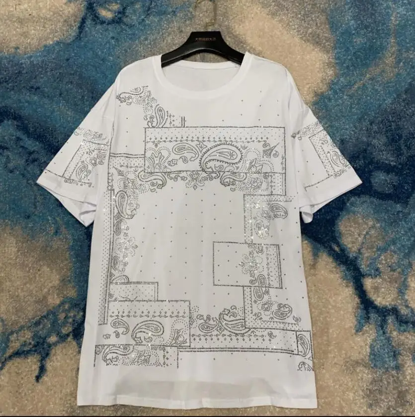 Streetwear Shiny T-shirt 2020 Summer Women Cool Rhinestone Hot Drilling Loose Short-Sleeved Short Sleeve Female Long Tee | Женская