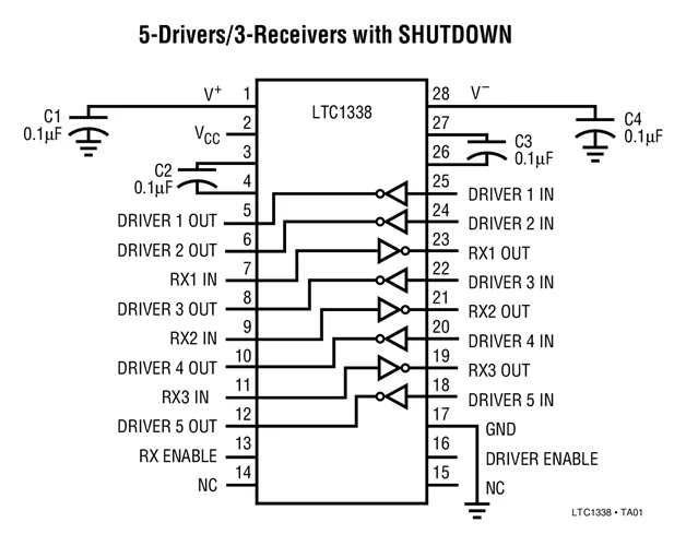 LTC1338CNW LTC1338INW LTC1338CG LTC1338IG LTC1338 - 5V Low Power RS232 5-Driver/3-Receiver Transceiver | Электронные компоненты
