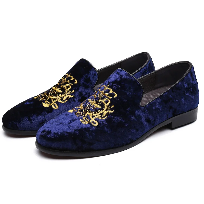 Синий Men's Suede Soft Penny Loafers Embroidered Design Flat Slip-On Formal Men's Velvet Loafer Dress Shoes Size 6~13 chaussure homme - Цвет: Синий