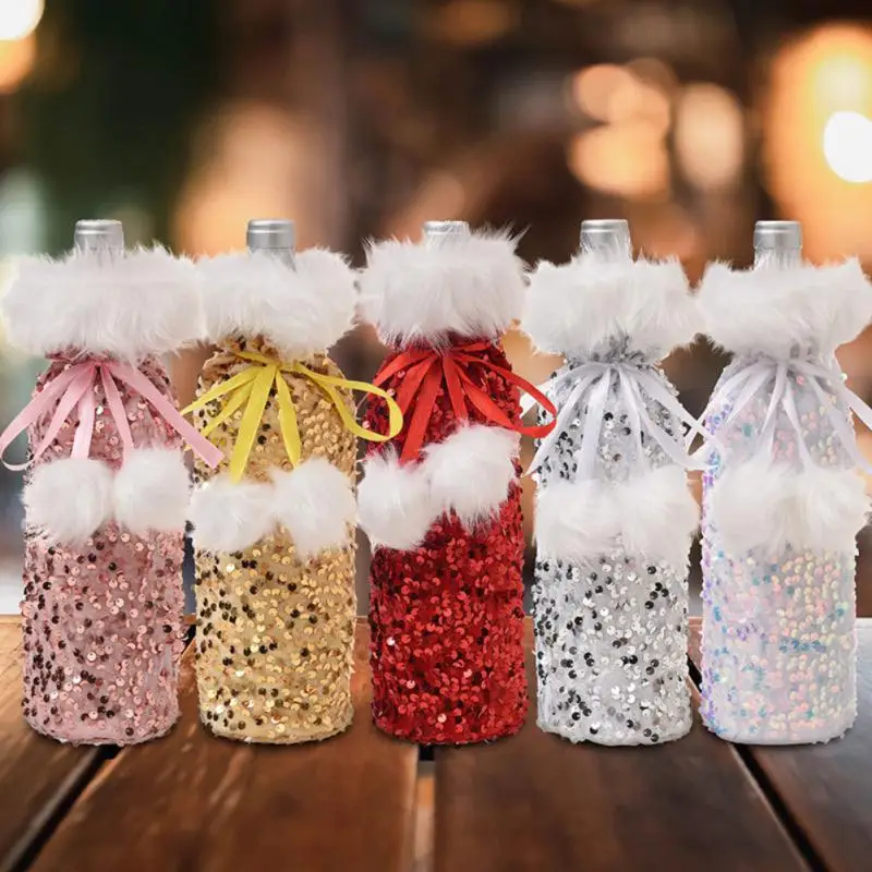 

Christmas Wine Bottle Covers Merry Christmas Decoration Sequin Red Wine Set Table Decor Holiday Happy New Year Decor For Home