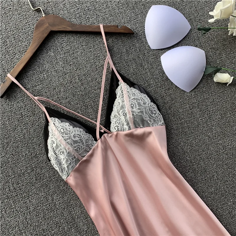 

Daeyard Women Sexy Lingeries Silk Spring Summer Dress Spaghetti Straps Lace Nightgown Color Contrast Sleep Lounge Home Clothes