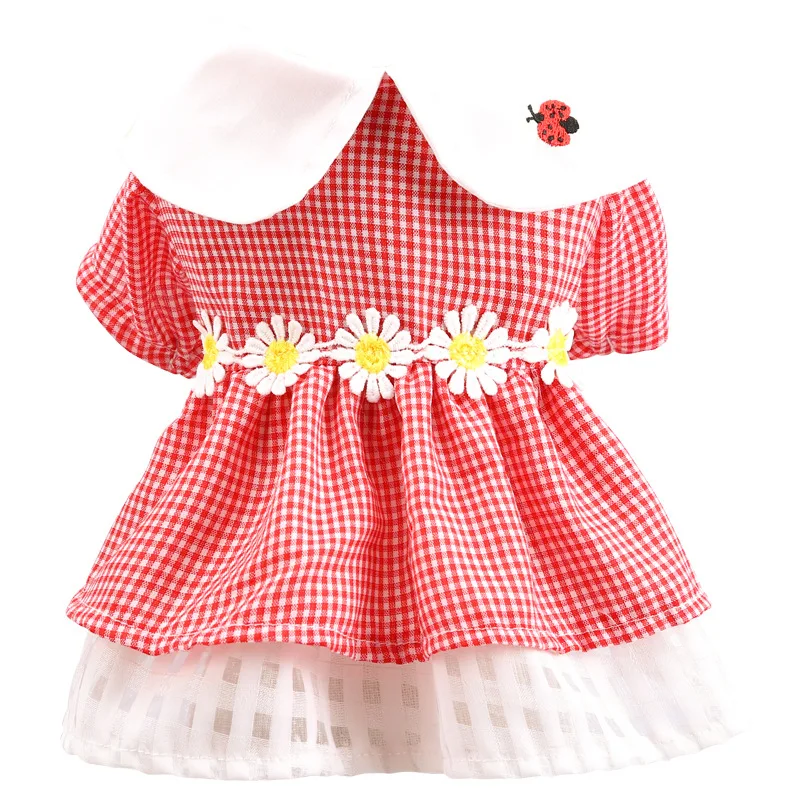 

New dog spring/summer dress teddy small pure and fresh and ladybugs plaid skirt pet clothes