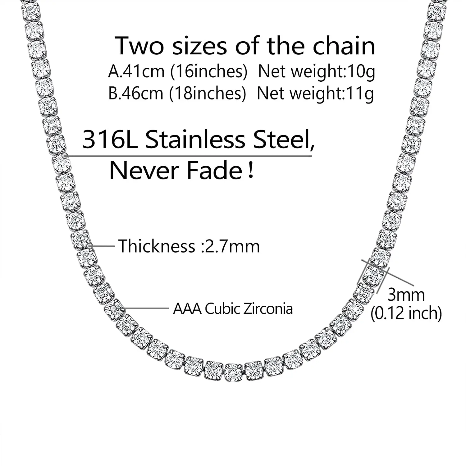 Ожерелье из теннисной цепи с фианитом 3 мм