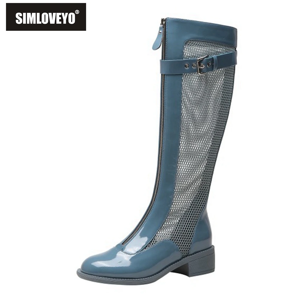 

SIMLOVEYO Size 40 Slip On Patent Genuine Leather Boots Women Zip Mesh Buckle Chelsea British Ridding Winter Platform Knee Bootie