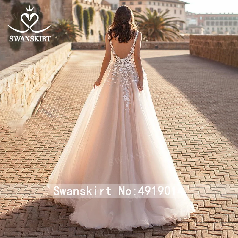 Boho 3D Цветы А-силуэта свадебное платье N128 Swanskirt Аппликации Кружева А-силуэта свадебное платье с открытой спиной индивидуальные Vestido de noiva