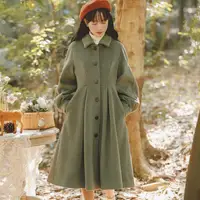 French Vintage Woolen Coats Women Autumn Winter New Elegant Pleated Long Coat Female Sweet Lantern Sleeve Jackets