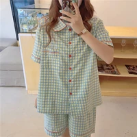 plaid nightwear women girls pajamas sets sleepwear all match loose 2021 sweet homewear summer geometric new chic