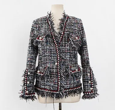 Модная подиумная твидовая куртка пальто 2019 осень зима Женская отделка бахромой