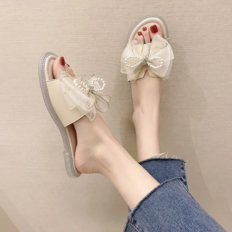 

Shoes Woman 2021 Slippers Flat Glitter Slides Pantofle Fashion Butterfly-Knot Shale Female Beach Jelly New Luxury Sabot PU Butte