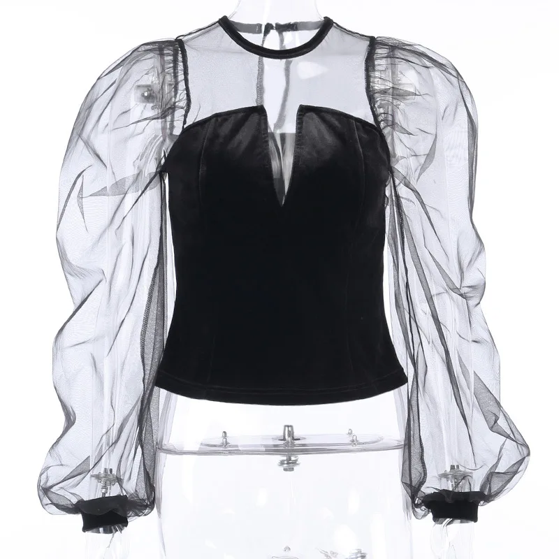 Женский сетчатый топ с рукавом замша v-образный вырез сексуальная перспектива