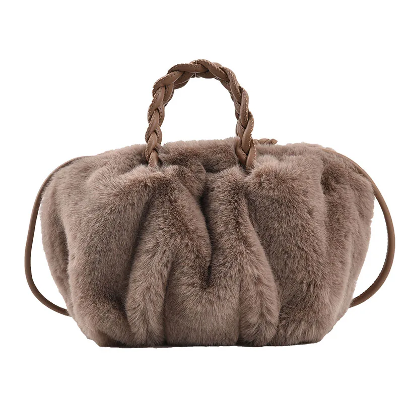 RIGHTSIDE Rope Handle Faux Fur Small Totes for Women Winter Designer Crossbody Bags Travel Branded Trendy Shoulder Handbag