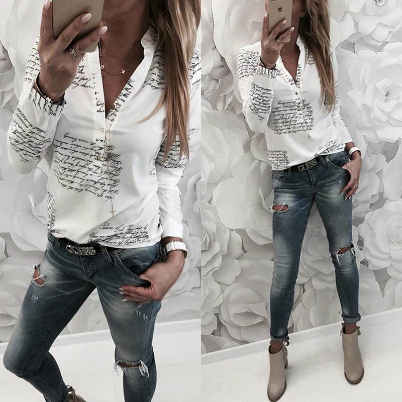 2019 модная блузка женские повседневные рубашки с буквенным принтом блузки