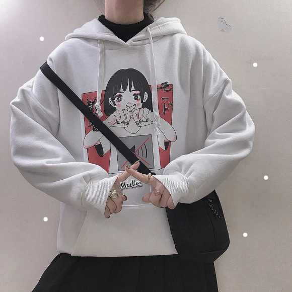 Аниме принт толстовка женская Kawaii Толстовка Harajuku одежда пуловер с капюшоном корейского размера плюс тонкая Повседневная Уличная одежда Топ V562