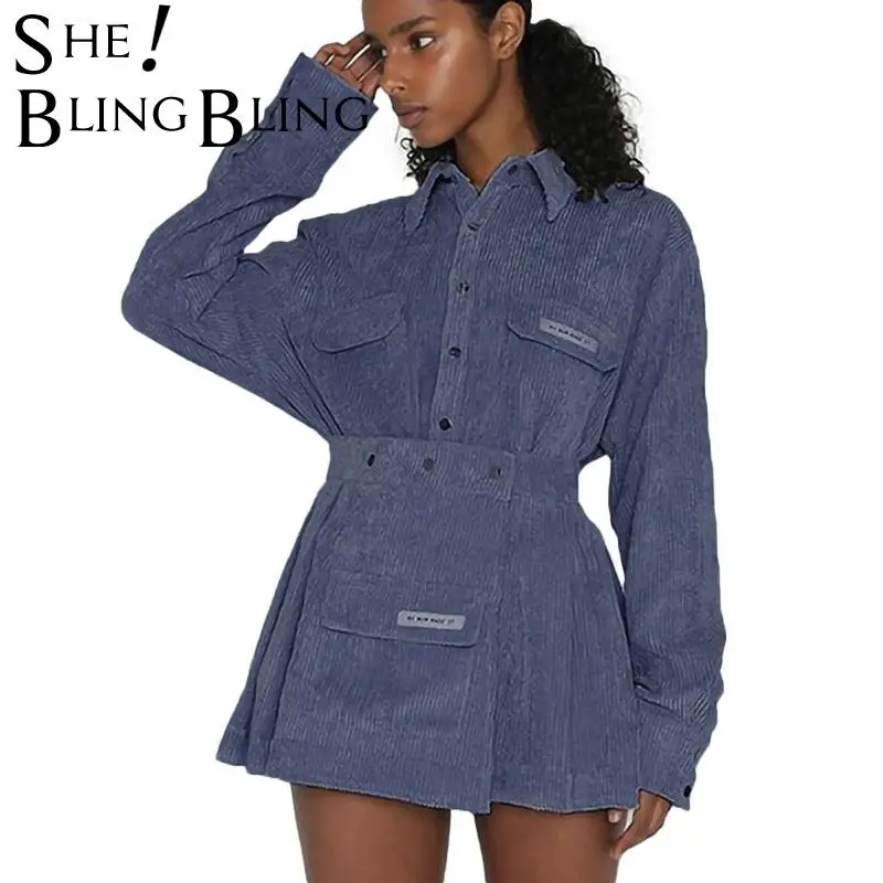 Модная женская джинсовая юбка SheBlingBling в рубчик Осень Зима Повседневное пальто с