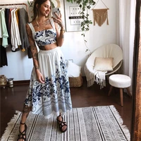 ueteey summer sexy womens suit two piece clothing casual set floral printed pattern sleeveless crop t shirt and long skirt