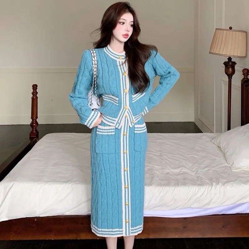 

High Quality 2021 Fall Winter Fashion Casual Knitted 2 Piece Set Women Cardigan Sweater + Bodycon Long Skirt Two Piece Suits