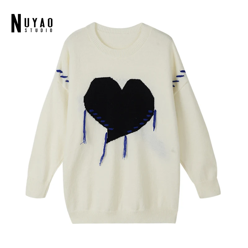 Женский Осенний трикотажный свитер в стиле Харадзюку с вышивкой сердечком и