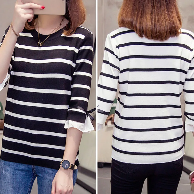 Свободный стиль круглый вырез полосатый узор футболка модная новая расклешенная