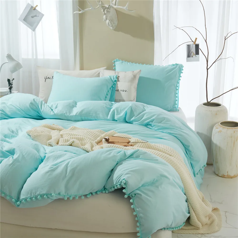 

Cross-border Home Textiles Pure Color Washed Ball and Ball Quilt Cover Three-piece Comforter Bedding Sets King Size Bedding Set