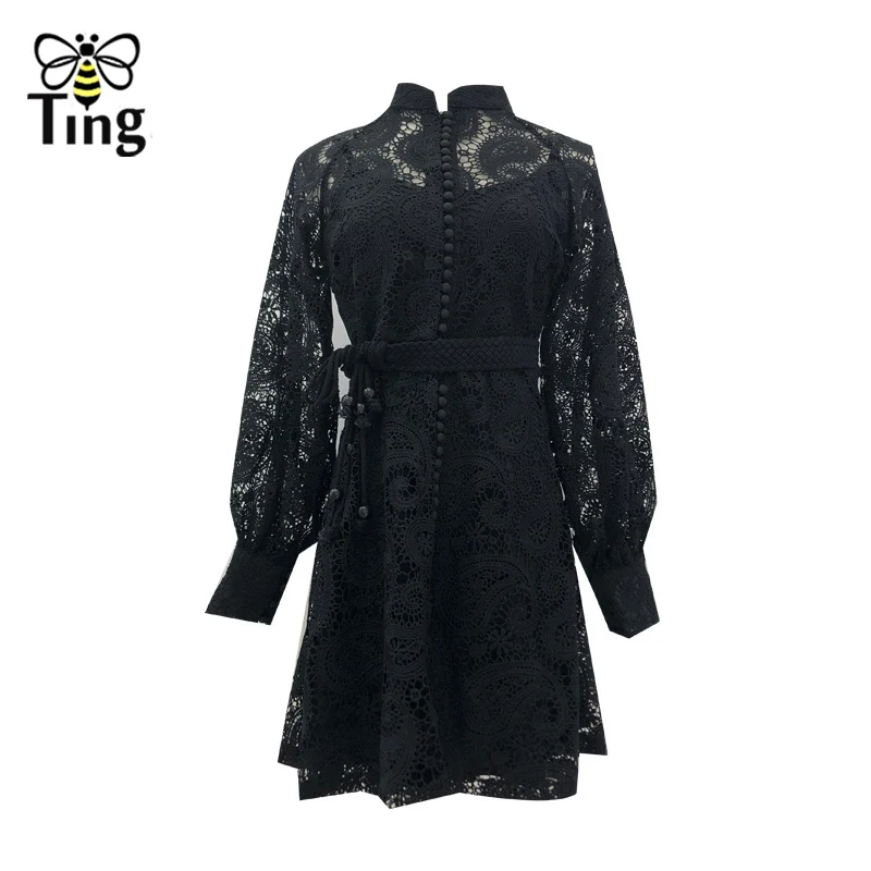 Black Short Style Tingfly, подиум, дизайнерское, кружевное, миди, длинное платье, однобортное, на пуговицах, с вырезом, длинное, кружевное платье, Vestidos, Платья для вечеринок+ пояса - Цвет: Black Short Style