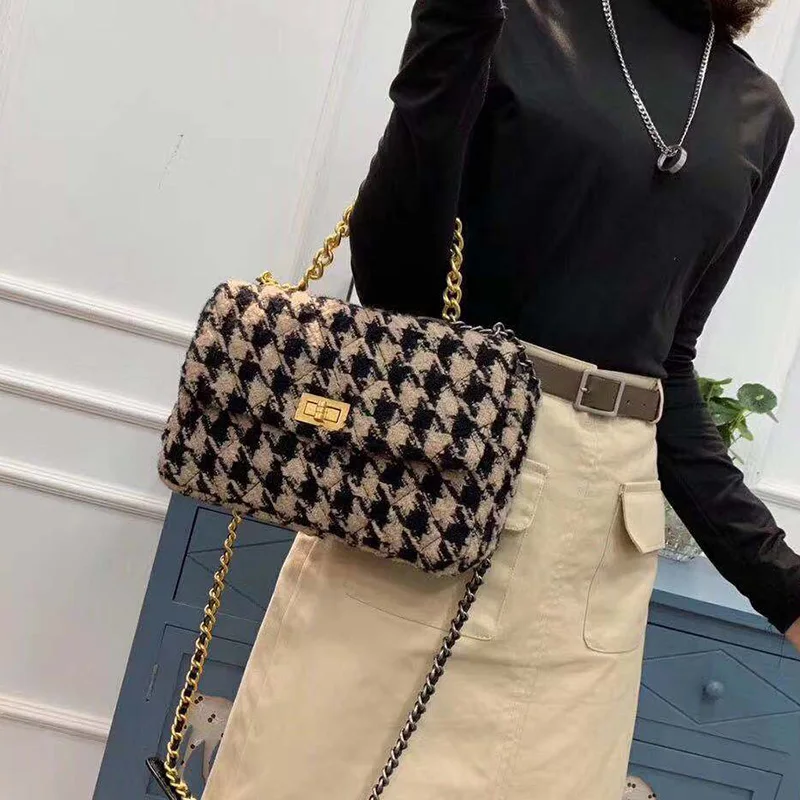 

New Flap Shoulder Bag Houndstooth Woolen Bag Women Messenger Chain Crossbody Bag Autumn Winter Plush Handbag Female Dropshipping