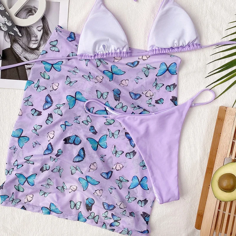 

3 Piece Set Swimsuit Thong Bikini 2021 Mujer New Butterfly Print Triangle Push Up Swimwear Women Purple Biquini Beachwear