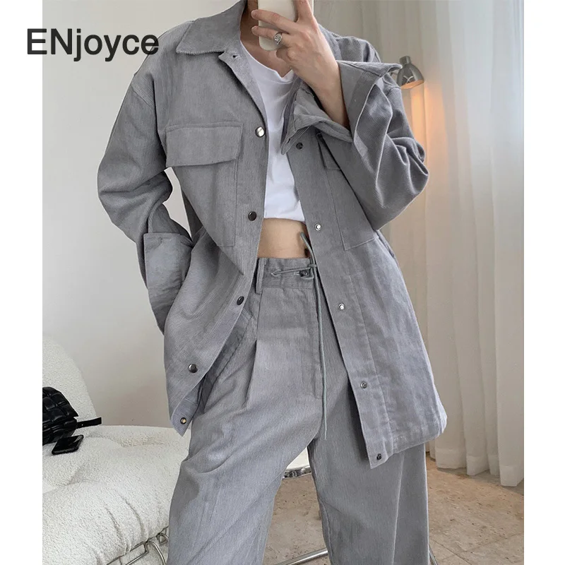 

2020 Autumn New Arrivals Loose Vintage Gray Hongkong Style Lapel Cotton Corduroy Long Sleeve Coat Pocket Casual Large Size Coats