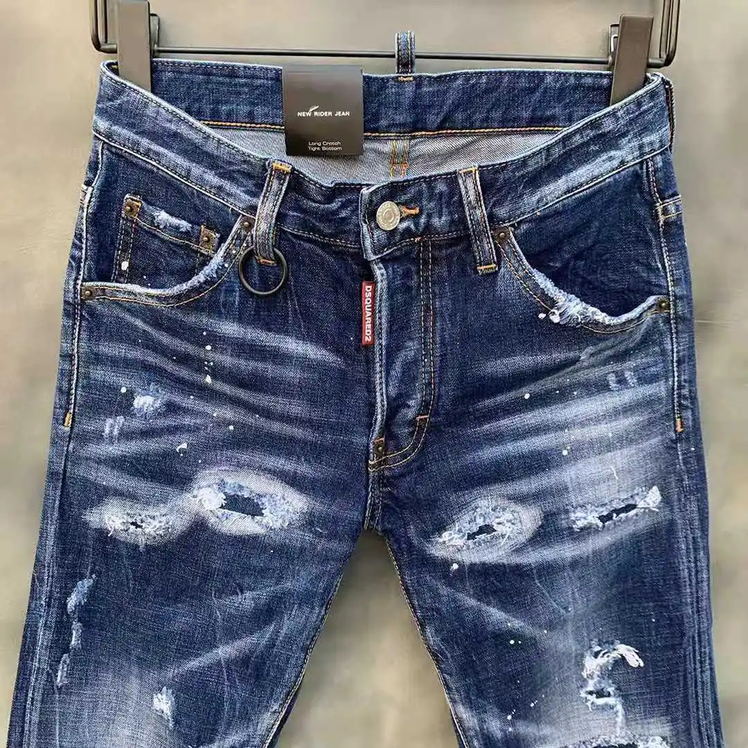 New DSQUARED2 Men's/Women's Ripped Jeans, Fashion Washed Frayed Patch, Paint Made Old Stretch Pants 005