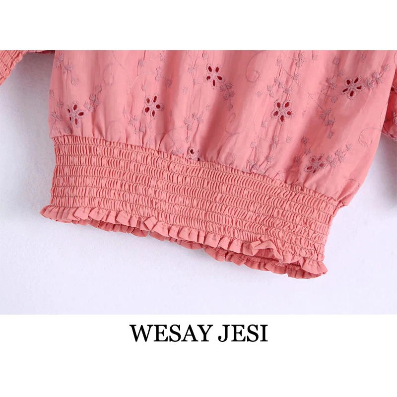 

WESAY JESI 2021 Summer New Tops Hollow Embroidered Puff Sleeve Pullover Five-point Sleeve Tops Fashion Commuter Temperament Tops