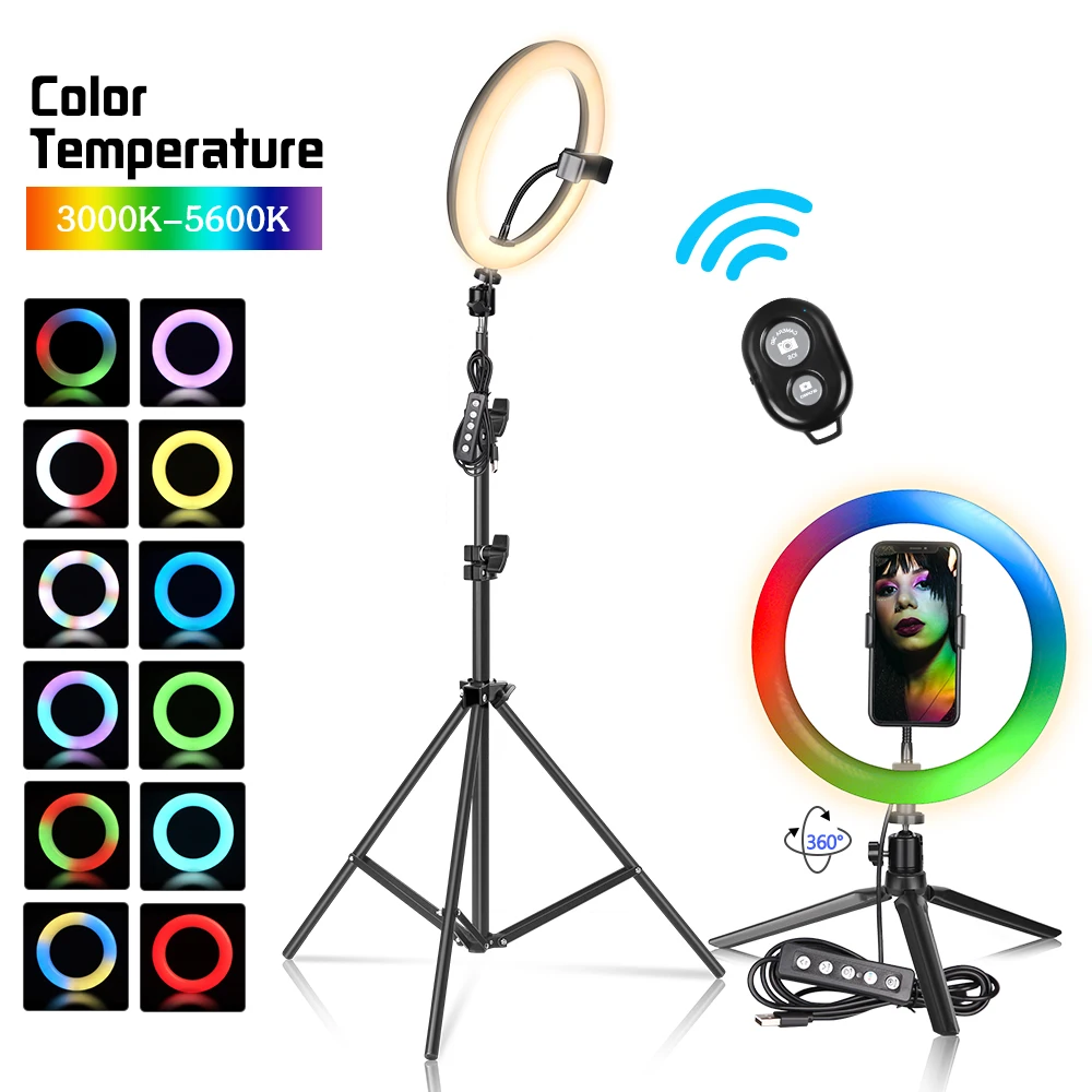 

10 inch RGB Selfie Ring Light with Tripod Stand & Phone Holder Remote Control Dimmable 15 Colors Flash Modes for Makeup
