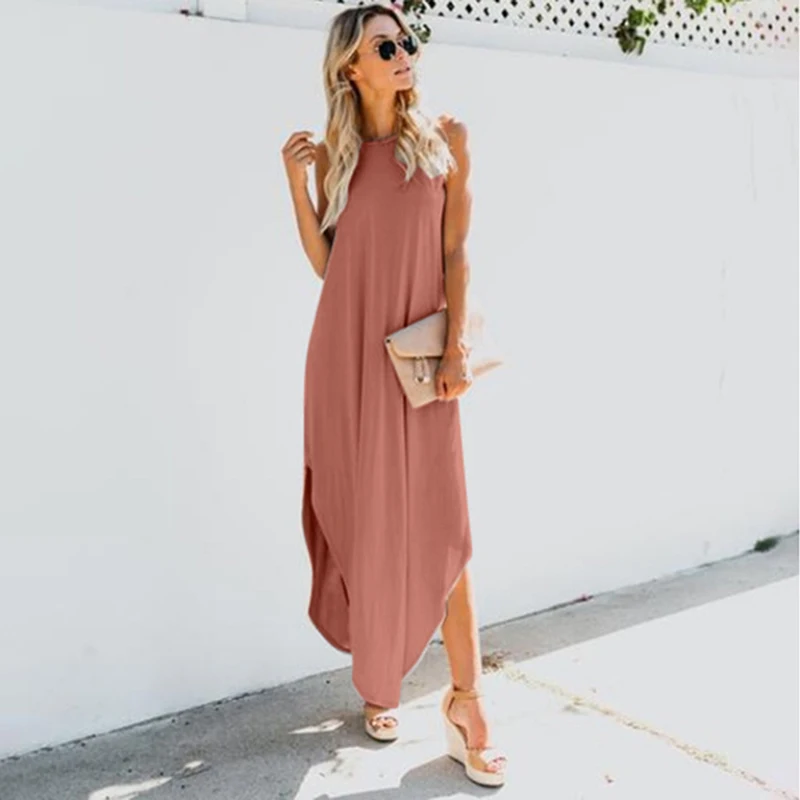 Женское летнее длинное платье новое модное однотонное без рукавов на бретельках