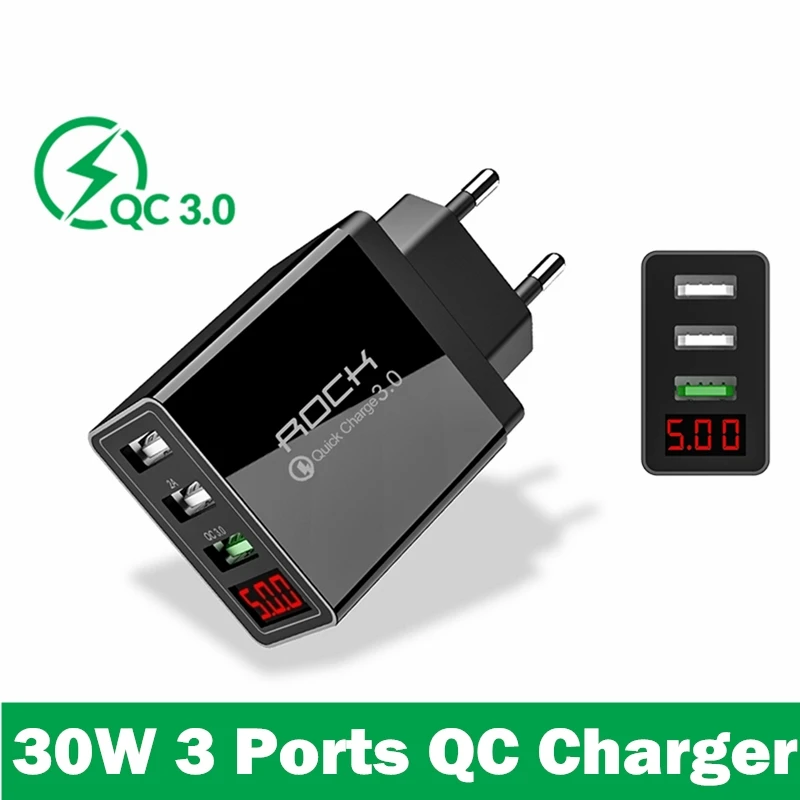 QC 3.0 3 USB Светодиодный дисплей ROCK QC 3,0 3A 3 USB зарядное устройство для телефона с быстрой зарядкой для iPhone Xiaomi huawei P30 Pro samsung Быстрый сетевой адаптер для ЕС Turbo - Тип штекера: QC 3.0 3 USB