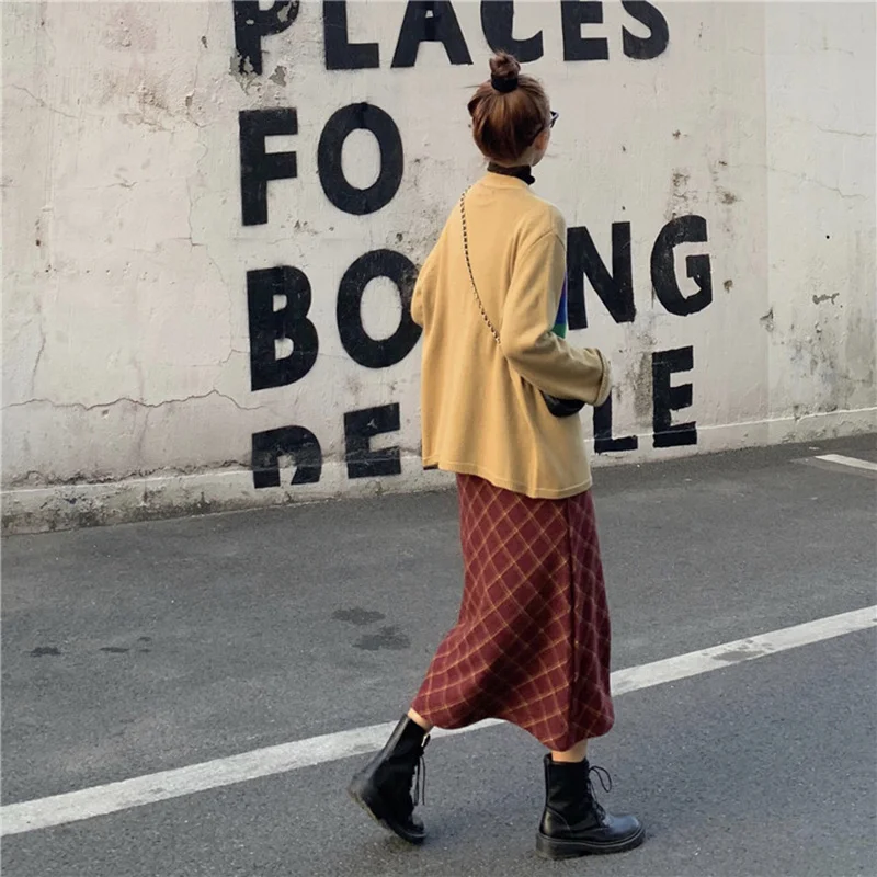 KINOMI осень-зима толстые шерстяные длинные юбки с высокой талией красные клетчатые