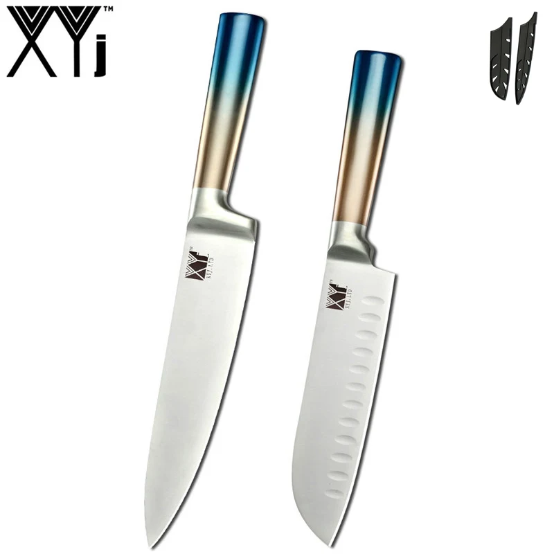 E. 2 PCS Set XYj шеф-повара из нержавеющей стали 8 комплект ножей 8 ''Держатель ножей острое лезвие градиентная цветная ручка Santoku утилита для нарезки хлеба - Цвет: E. 2 PCS Set
