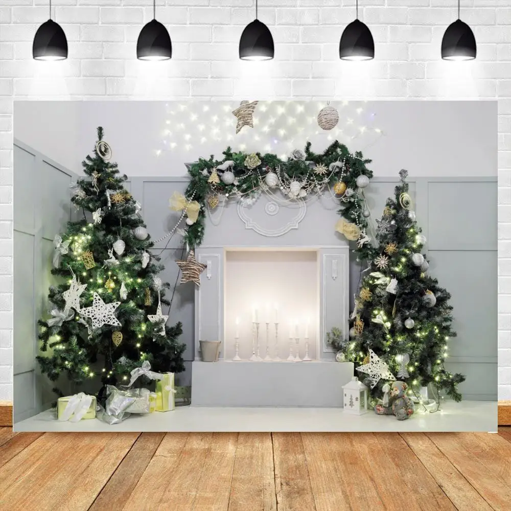 

Bling Bling Stars Green Christmas Decoration Trees Fireplace Photo Background Grey Wall Wreath Pine Leaves Photography Backdrop