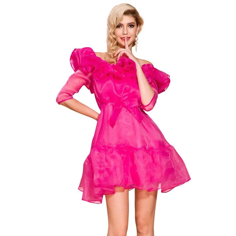 

Spring 2020 summer O Neck Half Sleeve Dresses Female Elegant Mini Ruffles Dress pink Bowknot organza shoulder dress party
