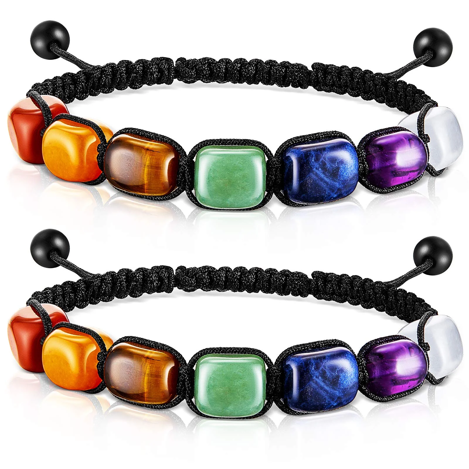 

2 Pieces 7 Chakra Reiki Healing Crystal Stretch Bracelets Gemstone Yoga Bracelets Braided Rope Bracelets Bead Bracelets