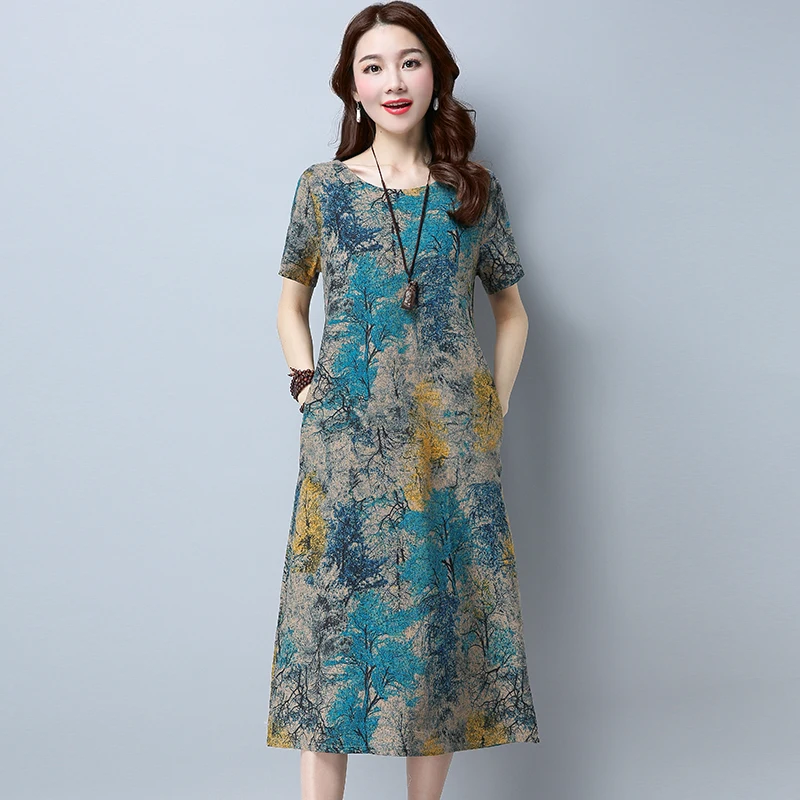 

#0306 Summer Vintage Cotton And Linen Dresses For Women Short Sleeves O Neck Casual Midi Retro A-line Dress Printed Blue Red