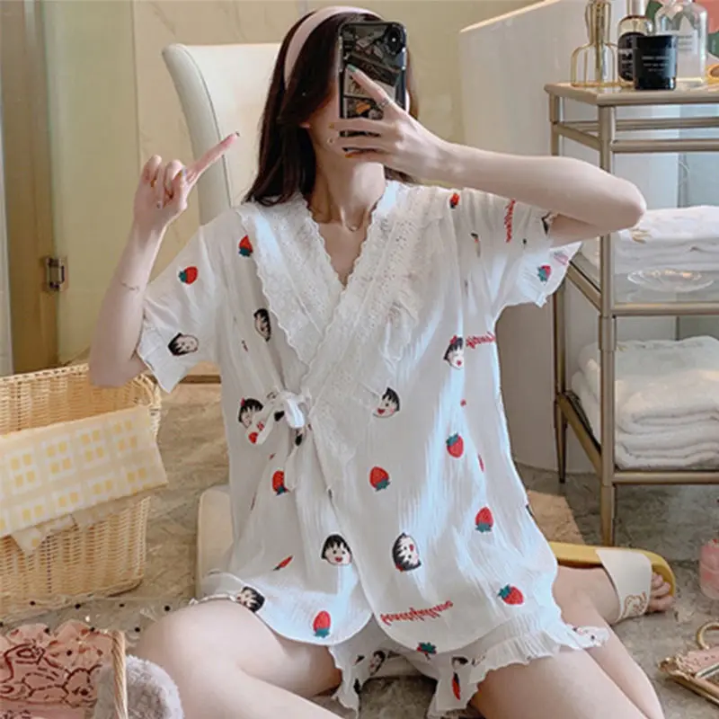 Spring and Summer Ladies Pajamas 2021 New Japanese Short-sleeved Cotton Gauze Thin Section Kimono Home Wear Set