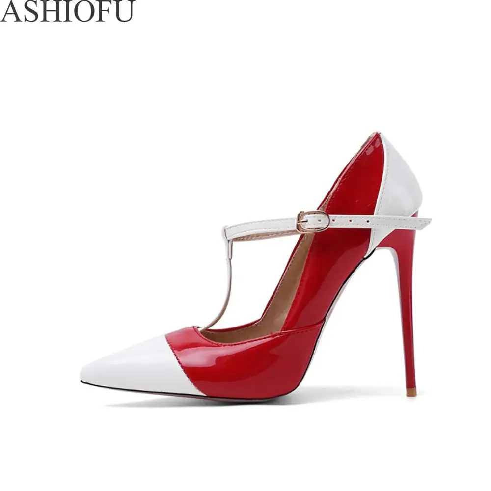 

ASHIOFU New Ladies High Heel Pumps Patchwork T-strap Party Prom Dress Shoes Mary-janes Fashion Evening Court Shoes 3Colors