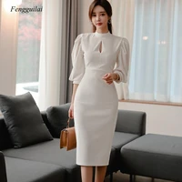 long sleeve cut out professional womens dress spring 2020 white temperament slim and elegant hip wrap dress