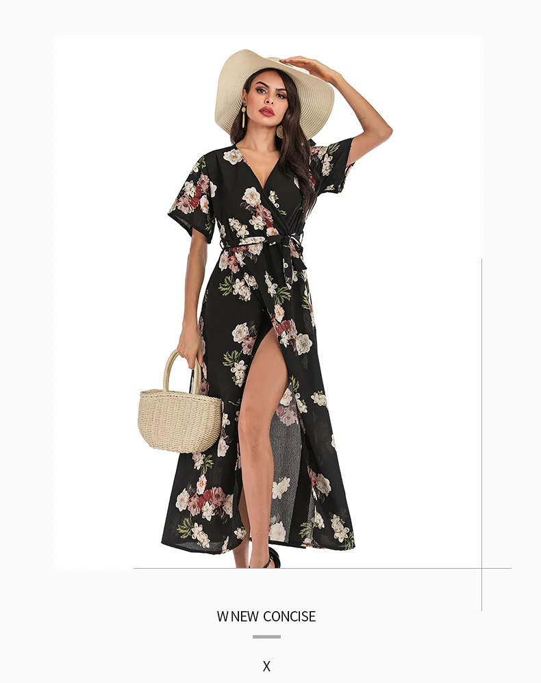 С цветочным принтом шифоновое платье темперамент повседневное пляжное v