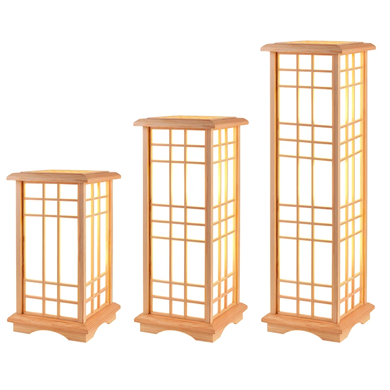 Lámparas de pie japonesas modernas, estilo Tatami, lámpara LED de madera de forma cuadrada, para dormitorio, sala de estar, alta, E27