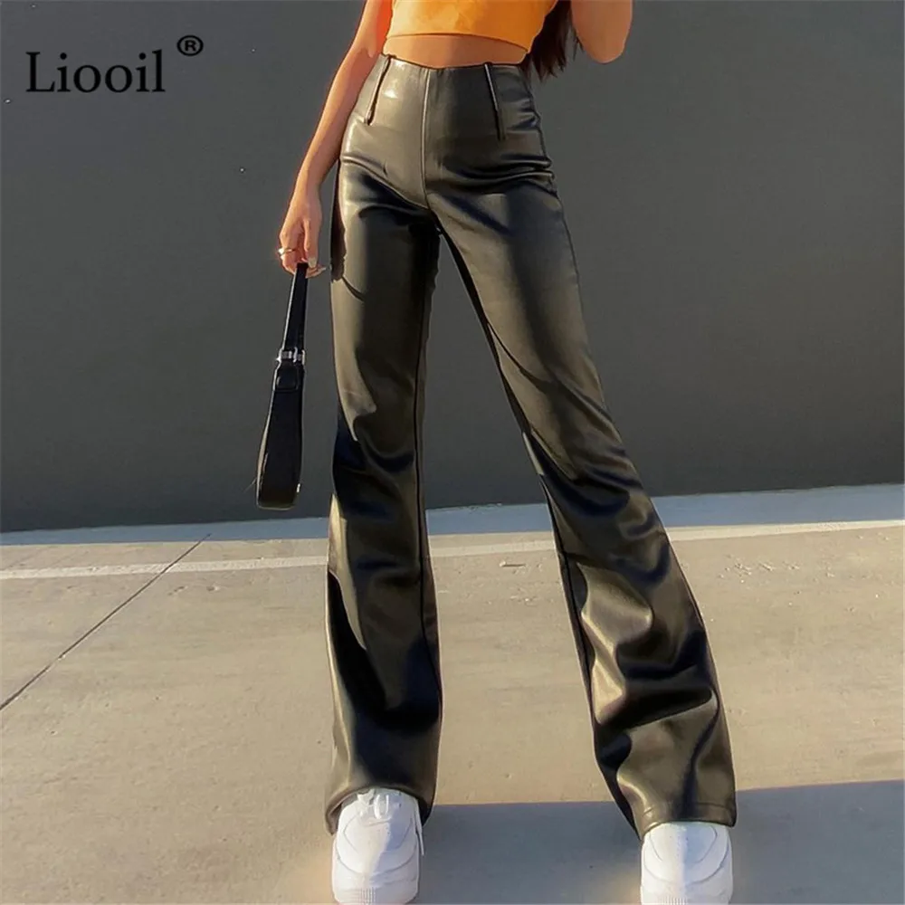 

Black Faux Leather Skinny Flare Pants Women Slacks High Waist Zip Up 2021 Autumn Streetwear Sexy Bodycon Trousers Bell Bottoms
